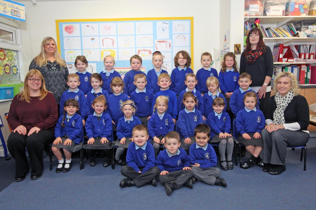 Rainbow 1 class at Hillside First School with teacher Kelly Riley, front right, TA Rachel Rogers, back right, TA Joyce Nicholls, back left and one to one Sandra Coates, front left.