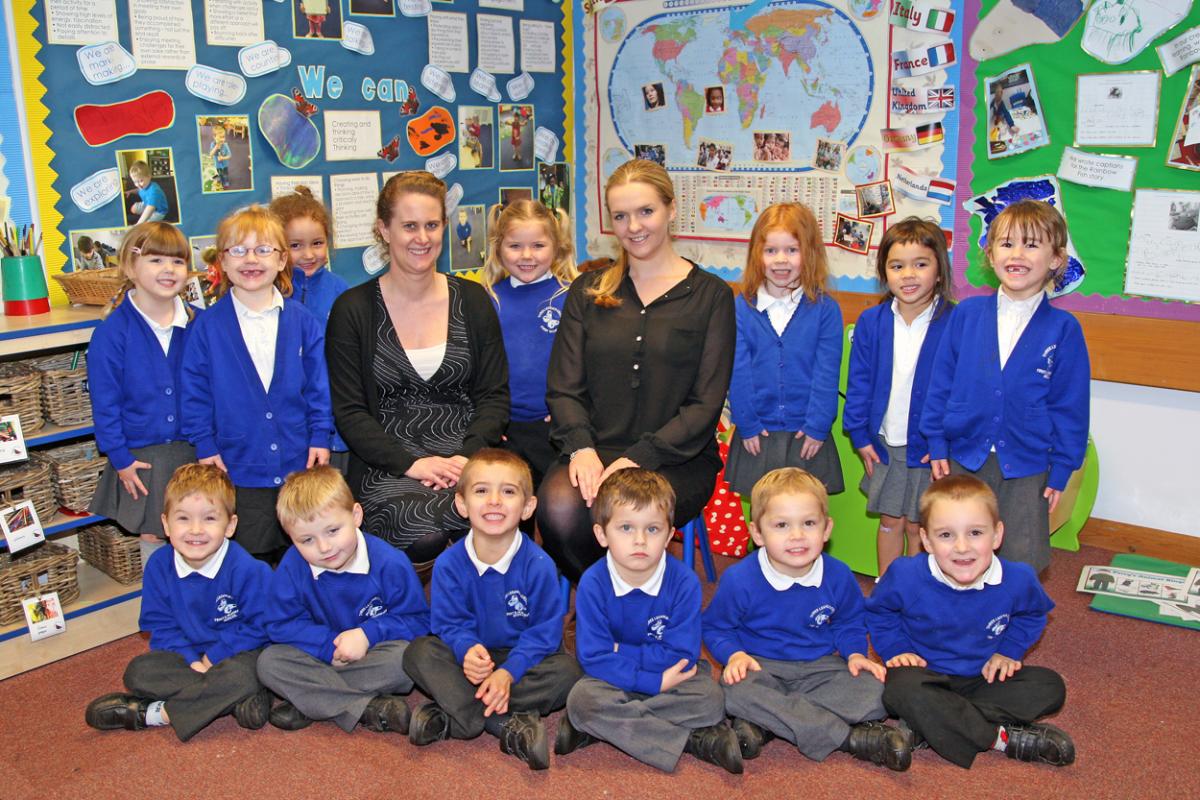 Reception class at Three Legged Cross First School with teachers Faye O'Gorman, right and Claire Henderson, left.