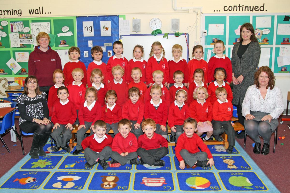 Reception class at St Marys First School with teacher Deborah Latham, back right, TA Elizabeth Dunn, front right, junior sports coach Terri Whitfield, back left and TA Debbie Toms, front left.