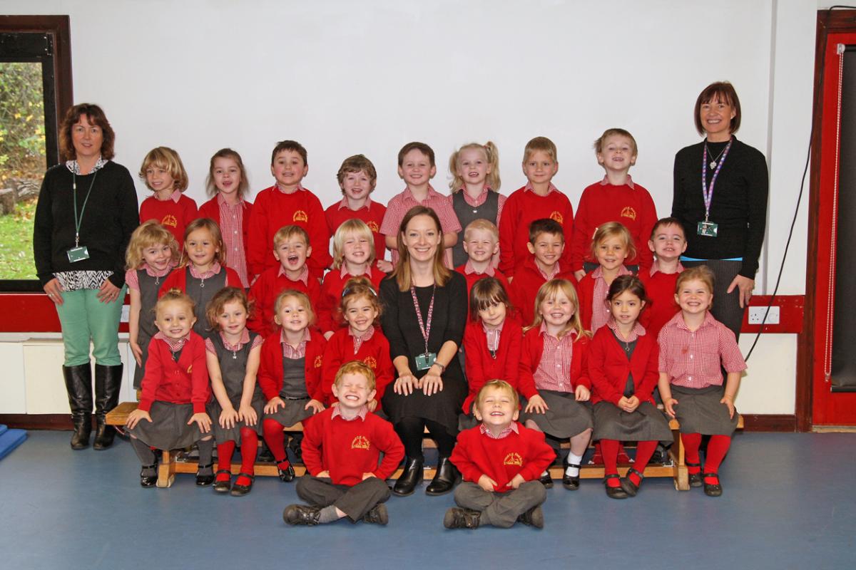 Oak base reception class at Verwood Church of England First School with teacher Helen Snow, centre, TA Jacquie Boreham, right and TA Louise Rackley, left.