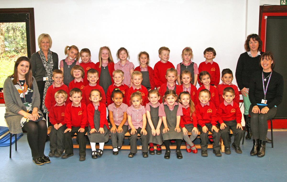 Oak base reception class at Verwood Church of England First School with teacher Elle Harding, front left, TA Kathy Reeves, back left, TA Jacquie Boreham, front right and TA Louise Rackley, back right.