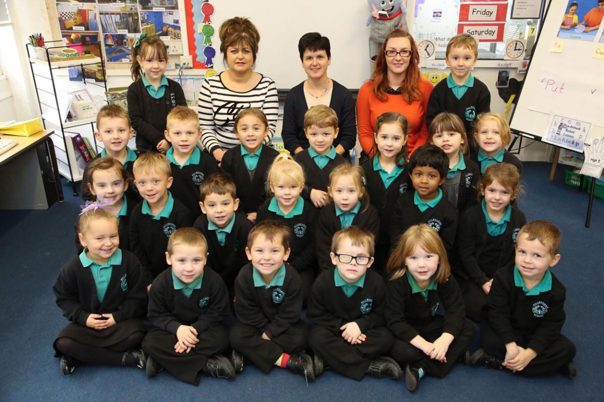 Reception class pupils at Hillbourne Primary School with TA Jacquie Pickford, teacher Amanda Belbin and TA Kelly Moseley. 