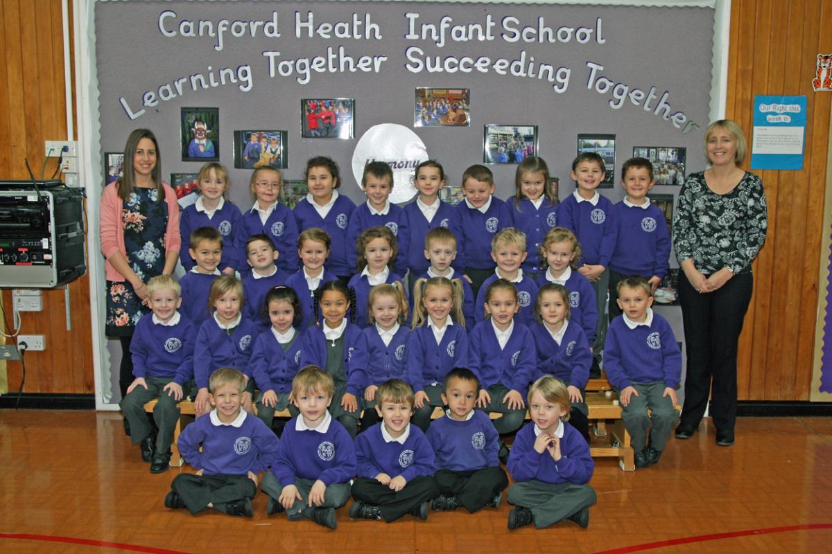 Dragonflies class at Canford Heath Infants School with teacher Lucy Wood, left and TA Jenny Dickson.