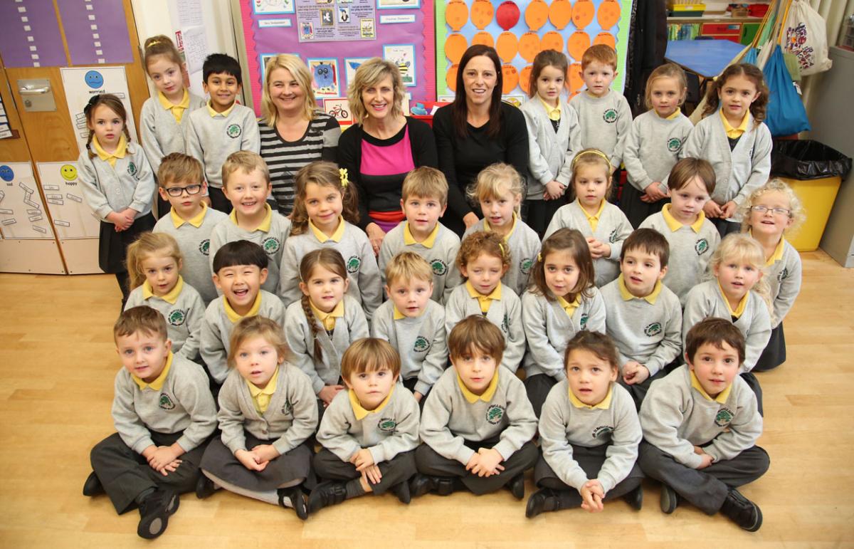 Reception class pupils at St Mark's Primary School in Bournemouth with TA Paula Rolls, teacher Claire Perks and TA Janine Power. 