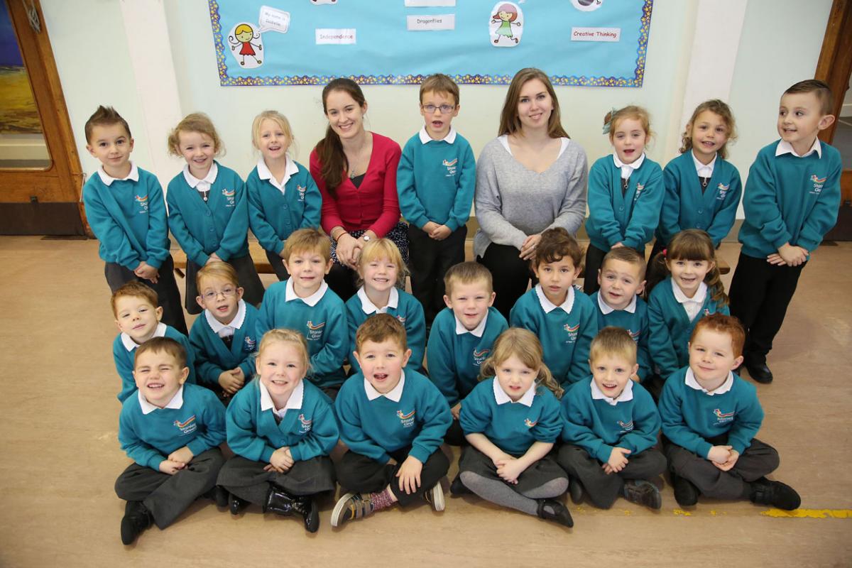 Reception class pupils at Stanley Green Infant Academy with teacher Eleanor Fox-Bekerman and TA Cara Fortune