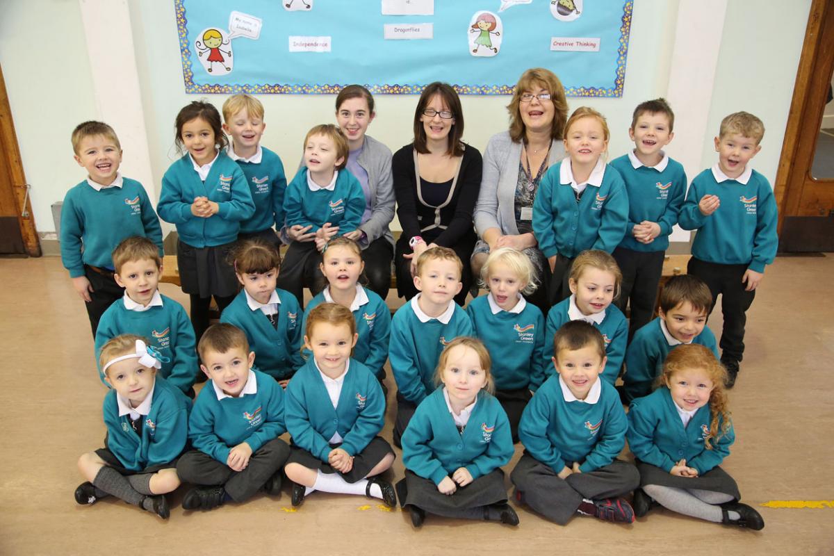 Reception class pupils at Stanley Green Infant Academy with TA Katy Southgate, Kirtsy Jordan-Gill and TA Sue Matthews. 