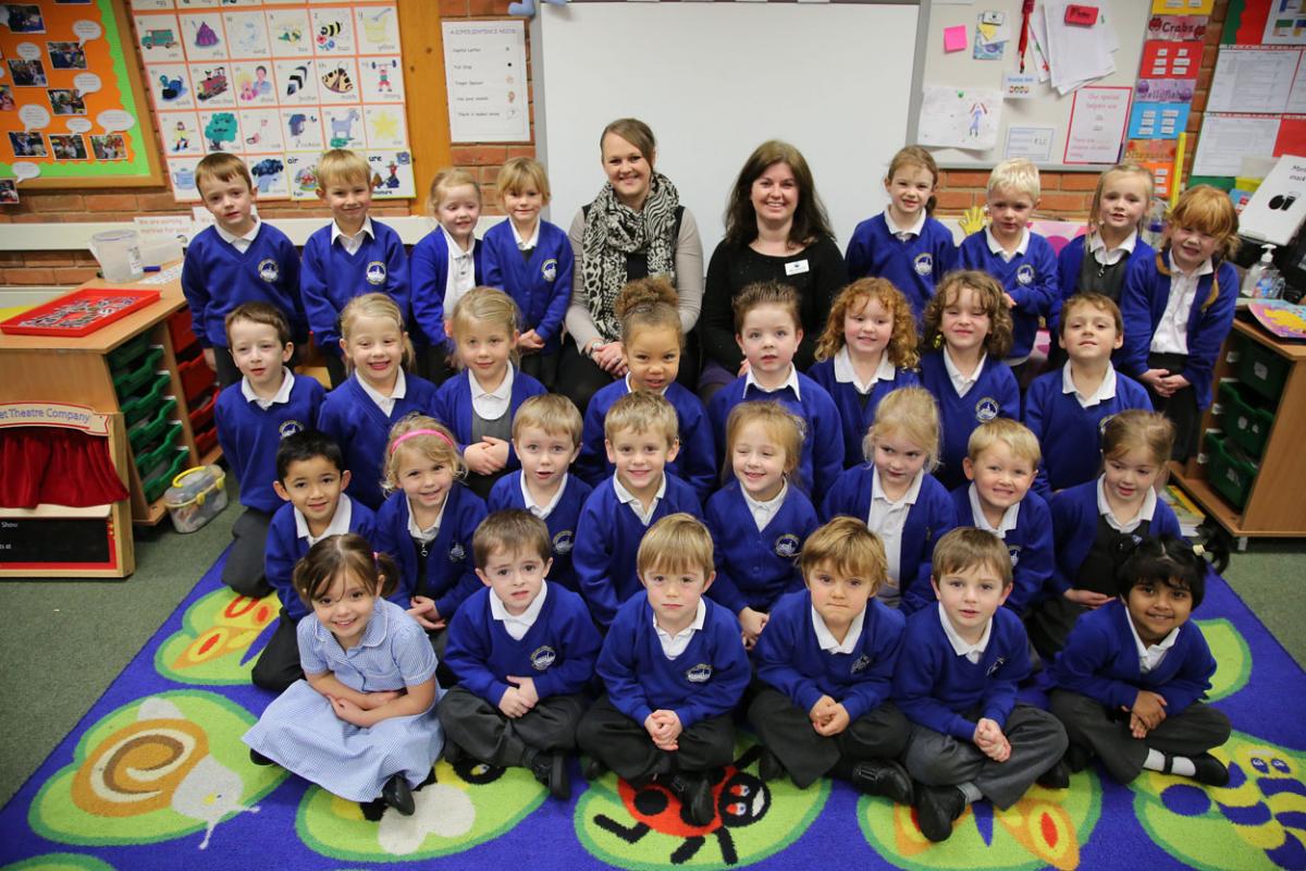 Reception class pupils at Longfleet Primary School with TA Alice Dacosta and teacher Louise Cox. 