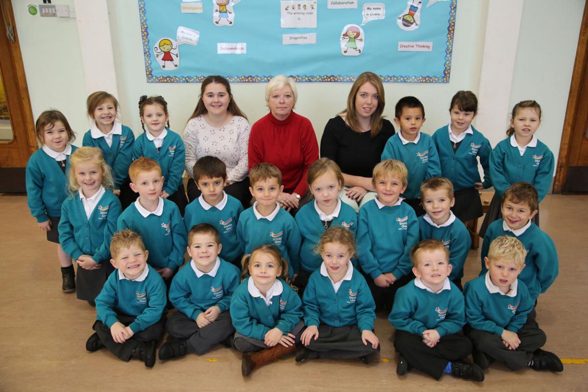 Reception class pupils at Stanley Green Infant Academy with TA Louise HUmber, TA Lin Hall and teacher Rebecca Seare. 
