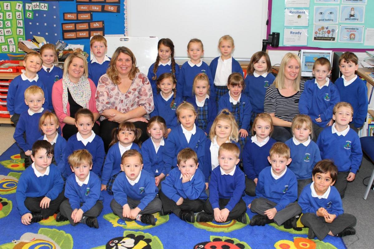 Oakhurst Community First School, West Moors ... Acorn Class with class teacher Mrs Emma Stirk, left, and teaching assistants Mrs Tanya Hughes and Mrs Aimee Mitchell, right.