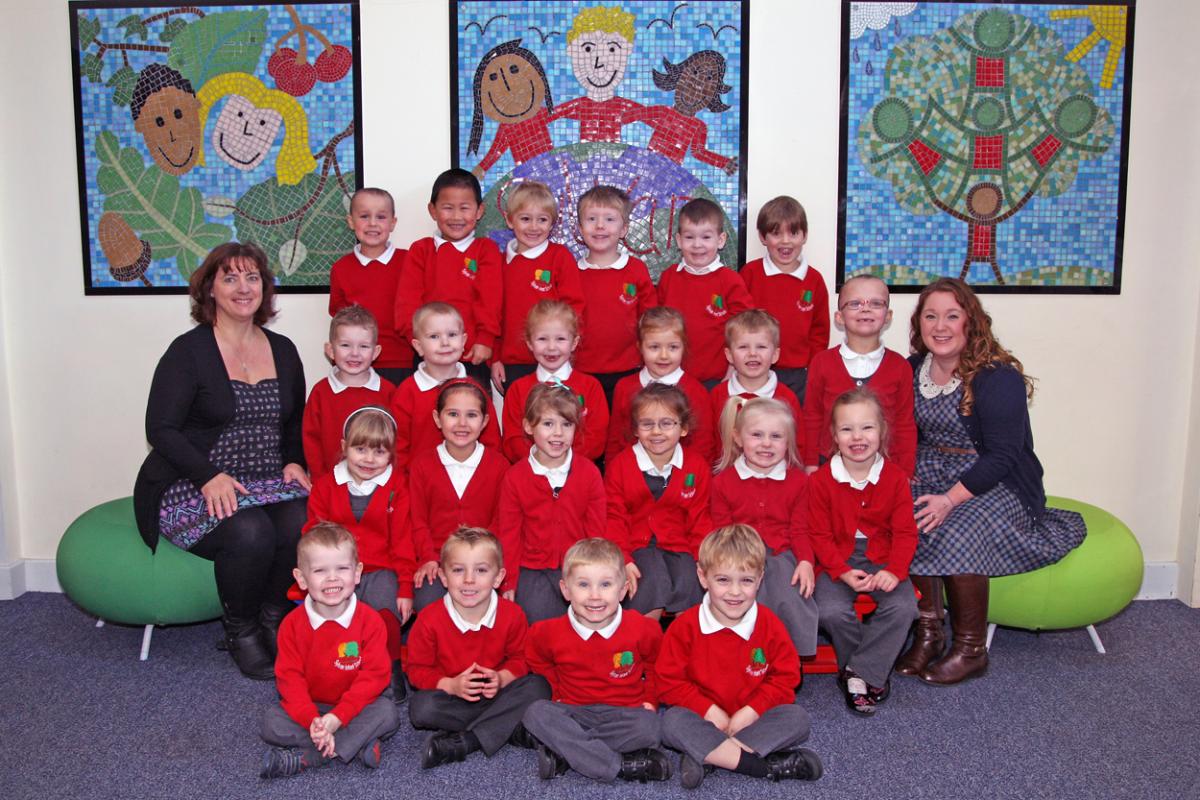 Holly class at Sylvan Infants School with teacher Emma Denne, right and TA Andrea Hicks, left.