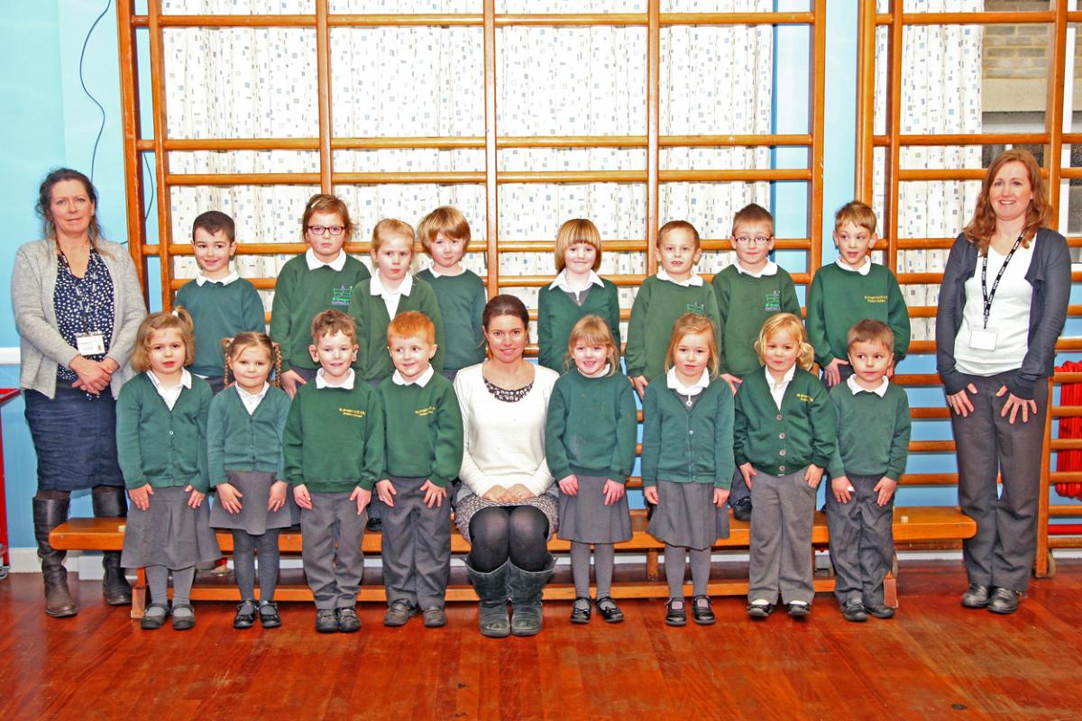 Reception class at St Gregory's School with teacher Colette Rowley, centre, TA Annette Andrews, left and TA Jo Johnson, right.