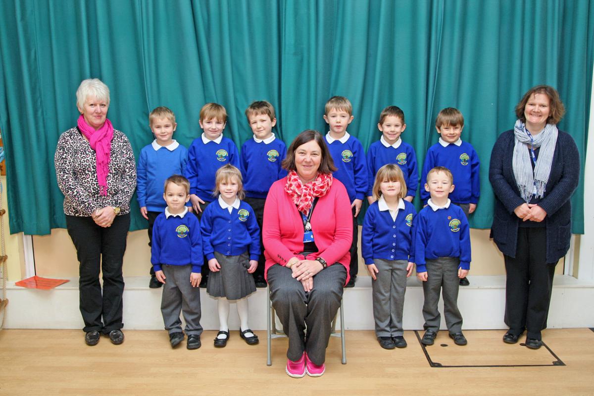 Reception class at Stower Provost Community School with teacher Jo Hartgill, centre, TA Linda Lewis, left and TA Lyndsay Cross, right.