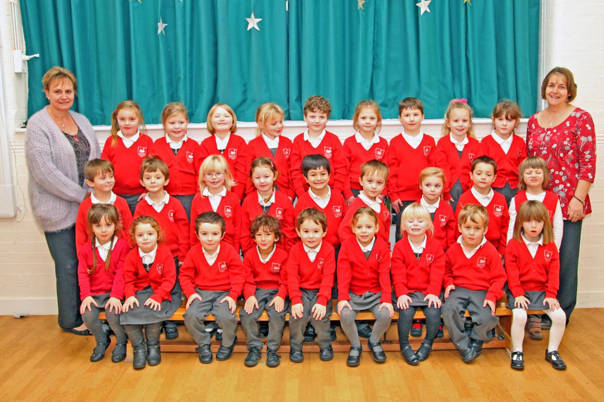 Reception class at Swanage Primary School with teacher Liz Hall, left and TA Tracey Read, right.