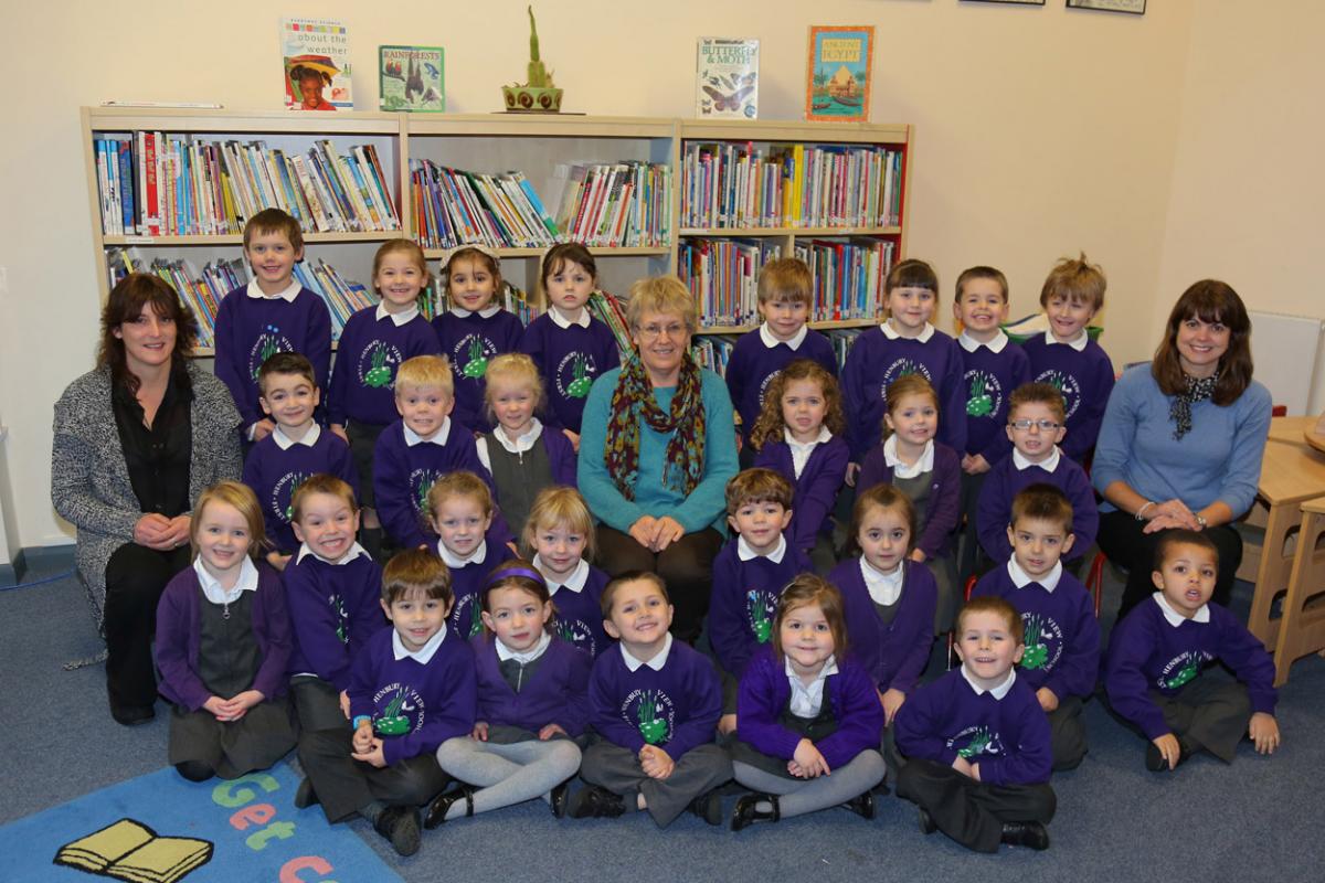 Reception children at Henbury View First School in Corfe Mullen with Teacher Sue Lucas, centre, and TA's  Sharon Bargewell, left, and  Sharon Saunders.