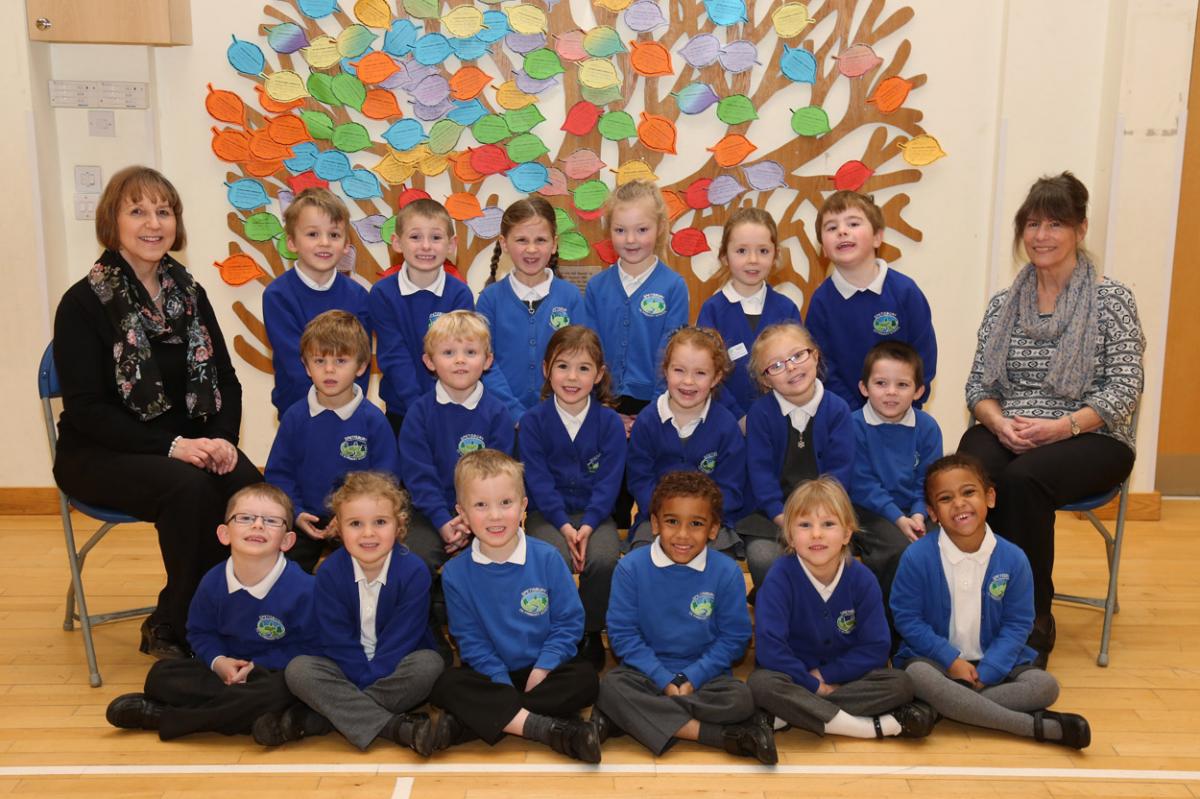 Reception children at Spetisbury Primary School with Helen Sinclair, left, and TA  Lindy Butler.