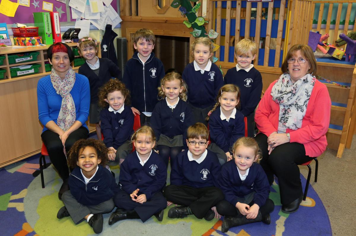 Reception children at  Bere Regis School with teacher Rachael Brown, left, and TA Di Bennett.