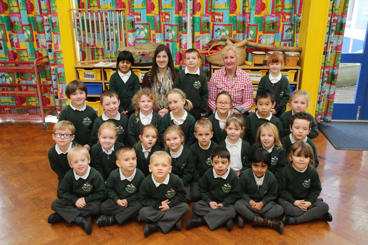 Reception class pupils at New Milton Infants School with teacher Christina Smith and TA Christine Read. 