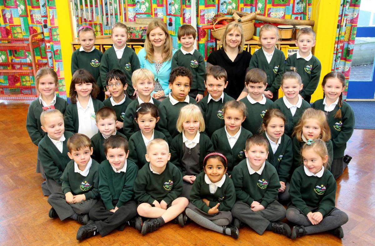Reception class pupils at New Milton Infants School with teacher Sophie Plant and TA Kerry Bloor. 