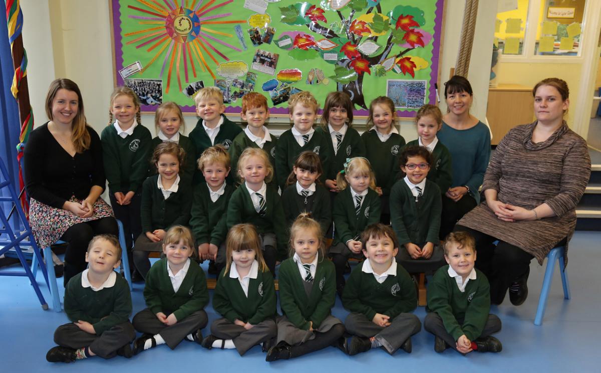 Reception children at St James' CE VC First School in Gaunt's Common with teacher Fiona Stranks, left, and TA's  Susan Alcock and Charlotte Brookes.