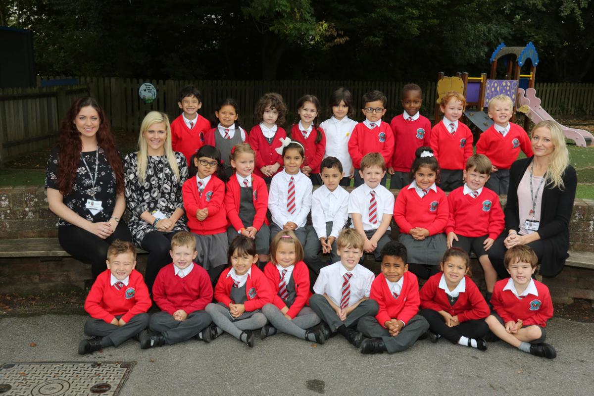 Reception children at  Malmesbury Park Primary School in Bournemouth with teacher Sophie Walker and TA's Emma Wilkins and Rebecca Moody.