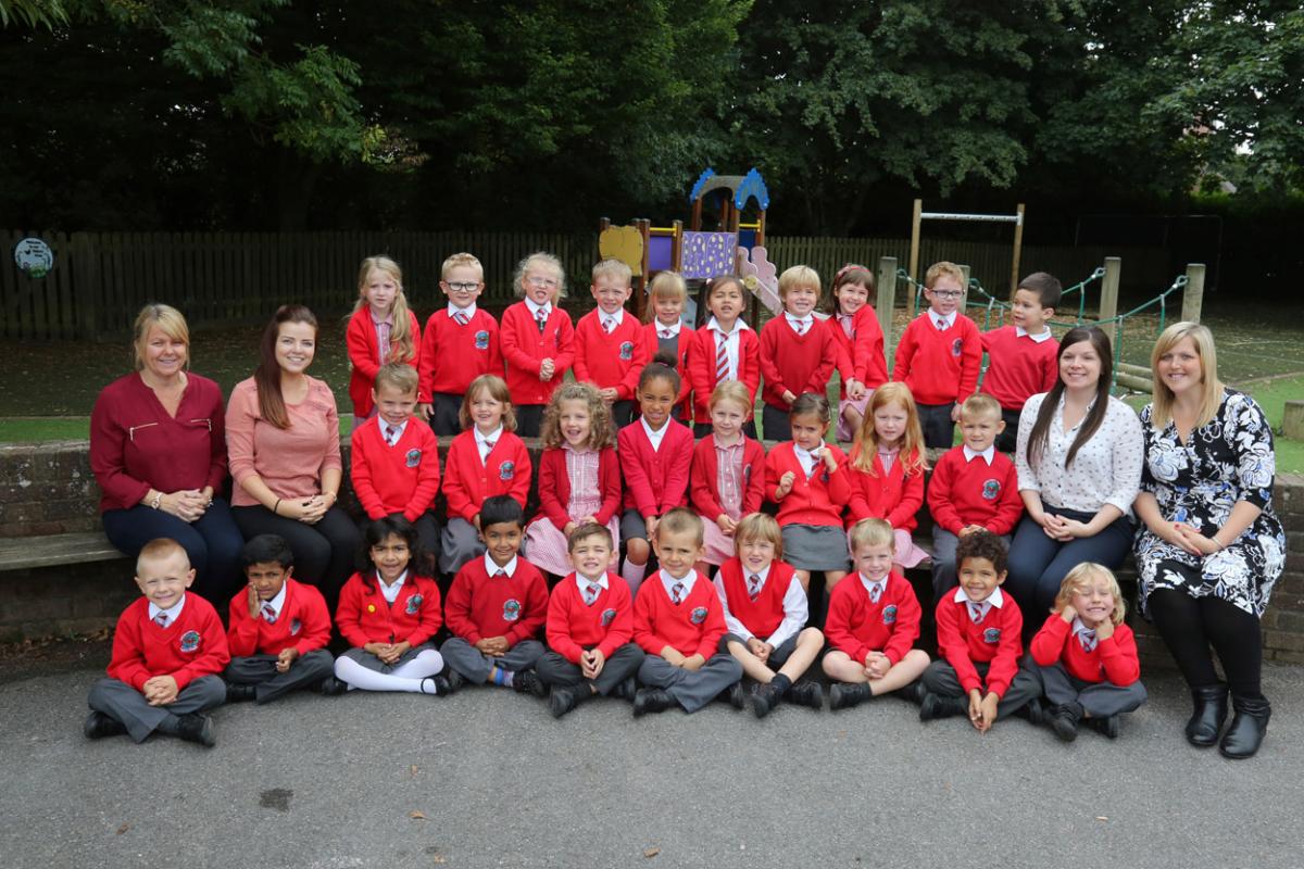 Reception children at  Malmesbury Park Primary School in Bournemouth with TA's Janet Purdy and Amy Thurman, teacher Stacey Pipe and year leader Charlotte Jones.