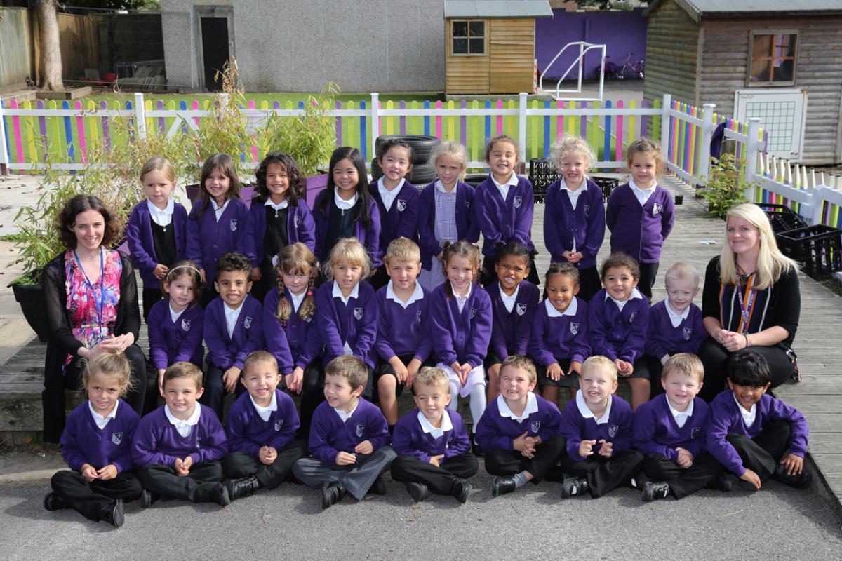 Reception children in Starfish class at St Clement's and St John's Infant School in Bournemouth with teacher Annabel Wilson and TA Louise Mundy.