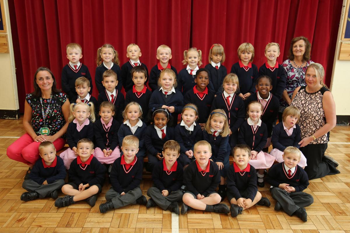 Reception children at  Moordown St John's Primary School in Bournemouth with teacher Clare Ewels and TA's Catherine Hunt and Anne-Marie Walker.