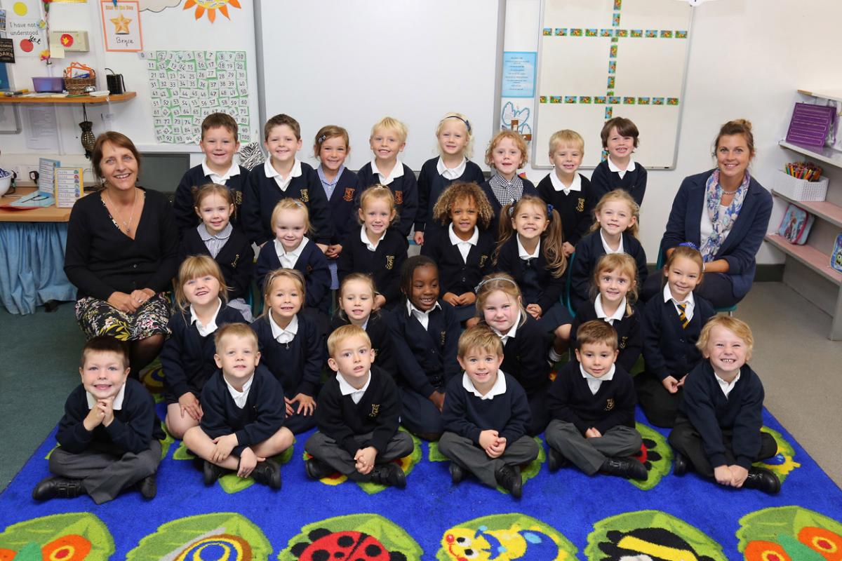Reception children in Acorns class at  St Luke's Primary School in Winton with teacher Yvonne Kay and TA Emily Owen.