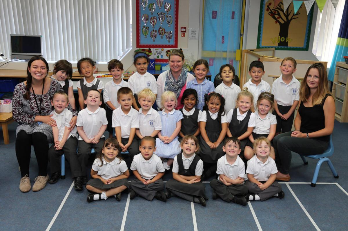 Reception children at  St Michael's primary school in Bournemouth with teacher Jenny Luscombe, centre, and TA's  Isobel Thompson and Shelley Hatchard.