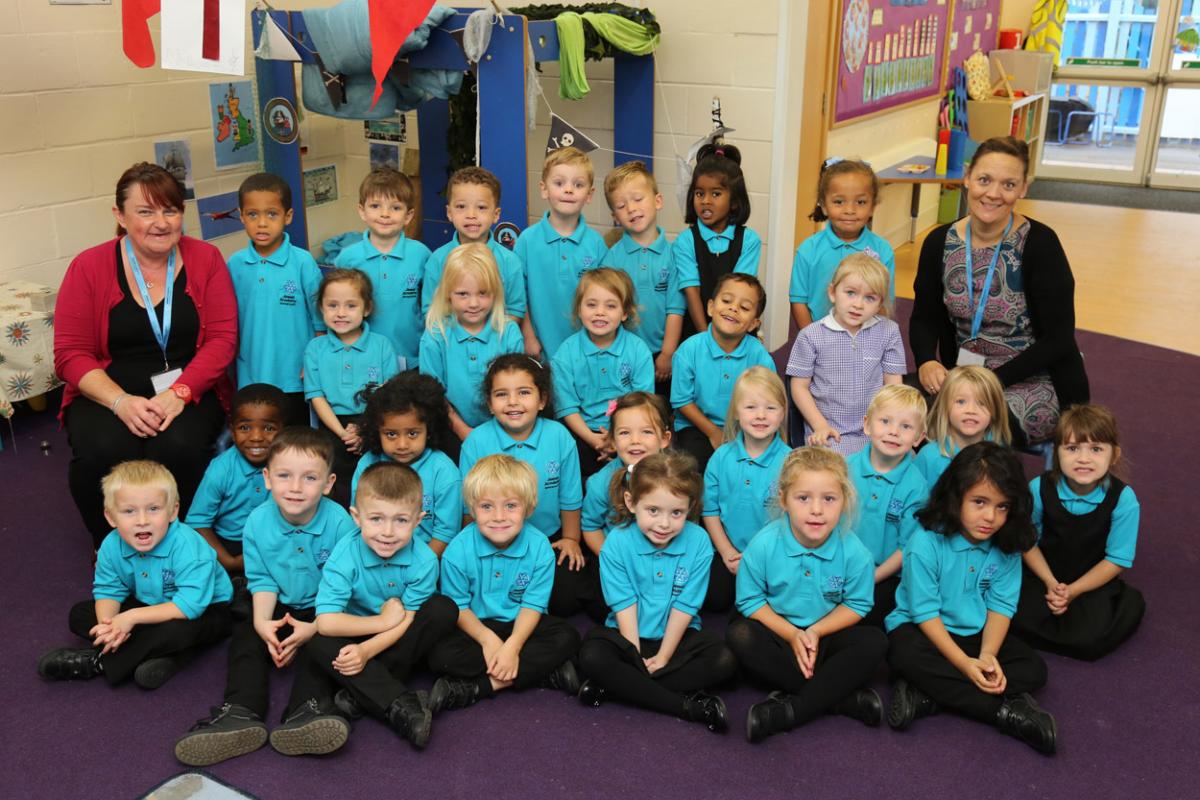 Reception children in Sharks class at Jewell Academy in Bournemouth with teacher Kamala Kuhr, right, and TA Debbie Watkins.