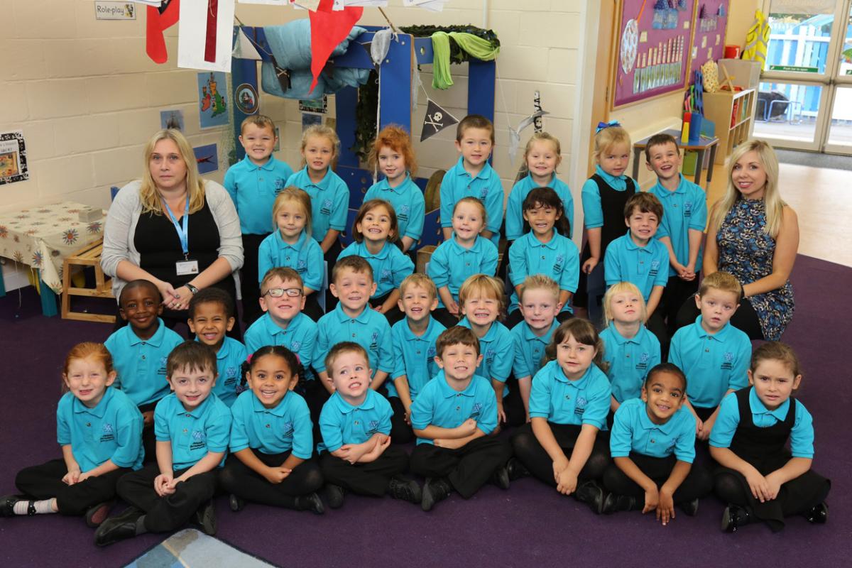 Reception children in Turtles class at Jewell Academy in Bournemouth with TA's  Laura Oates and Emily Carroll.