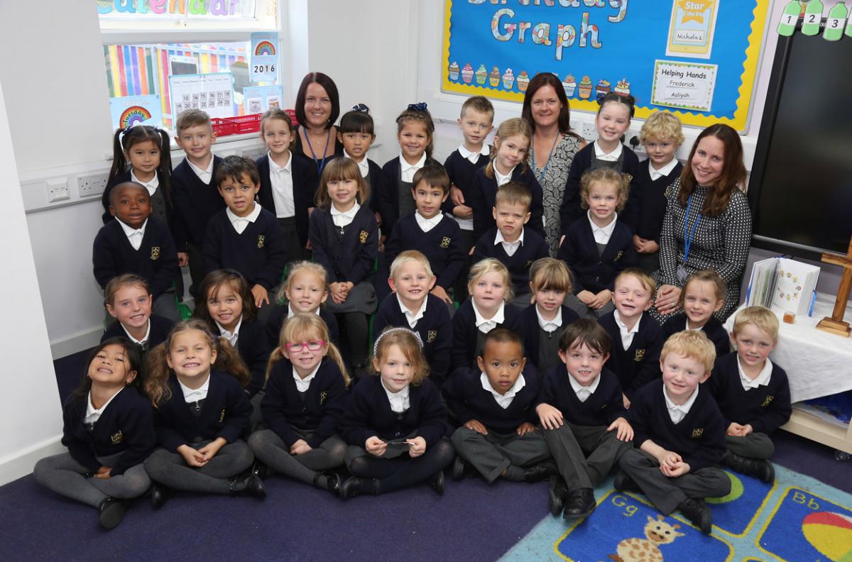 Reception children at St  Peter's Academy with teacher Jenny Walker, right, and TA's Karla Lesbirel and  Donna Bush.