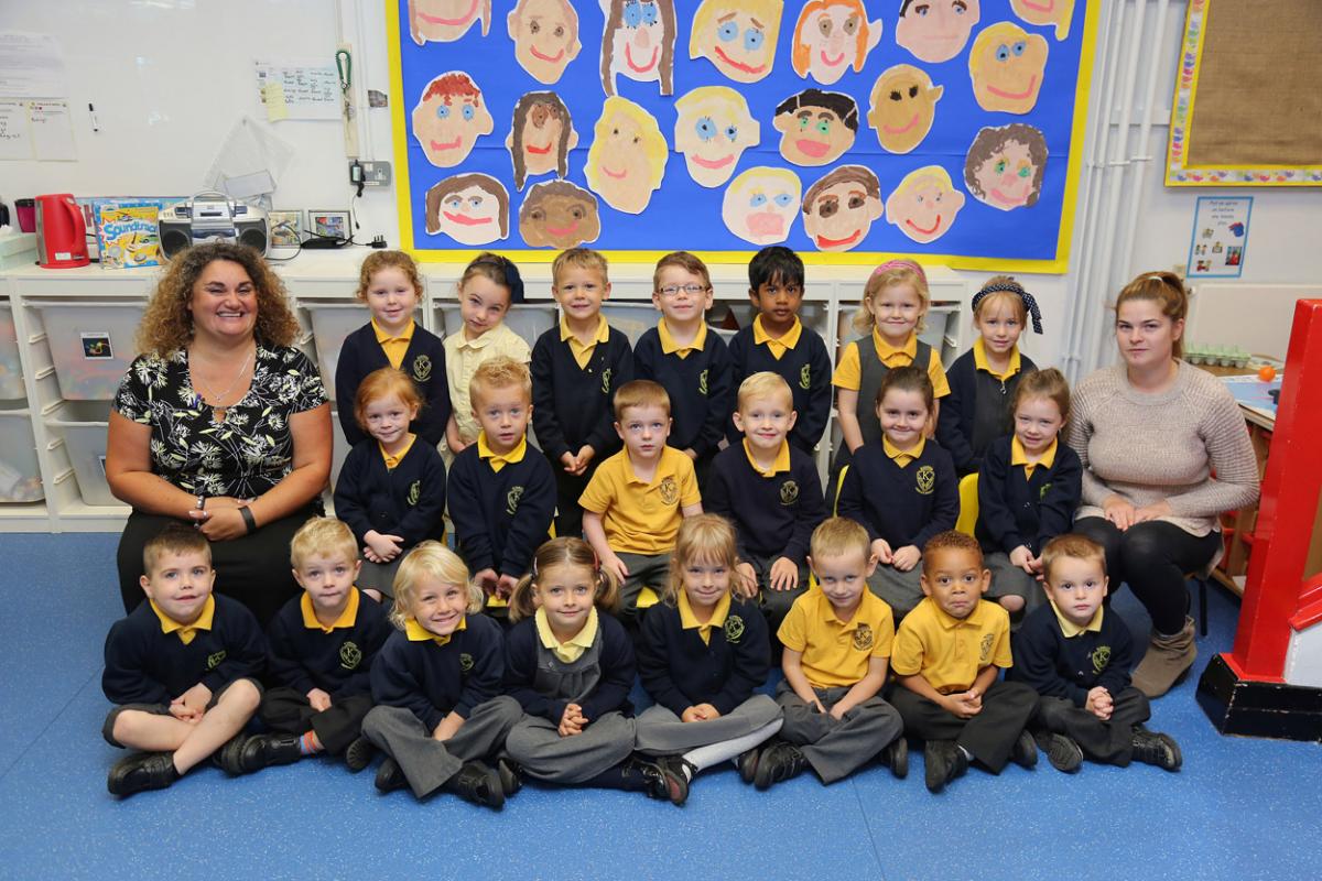 Reception children in Bees class at  Kinson Primary School with teacher Gabrielle Anthony and TA Katrina Gubb.