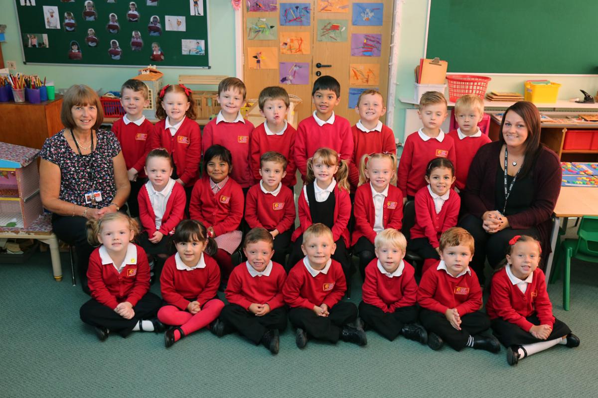 Reception children at  Elm Academy in Kinson  with teacher Sylvia Traynor  and TA Shannon Burke.