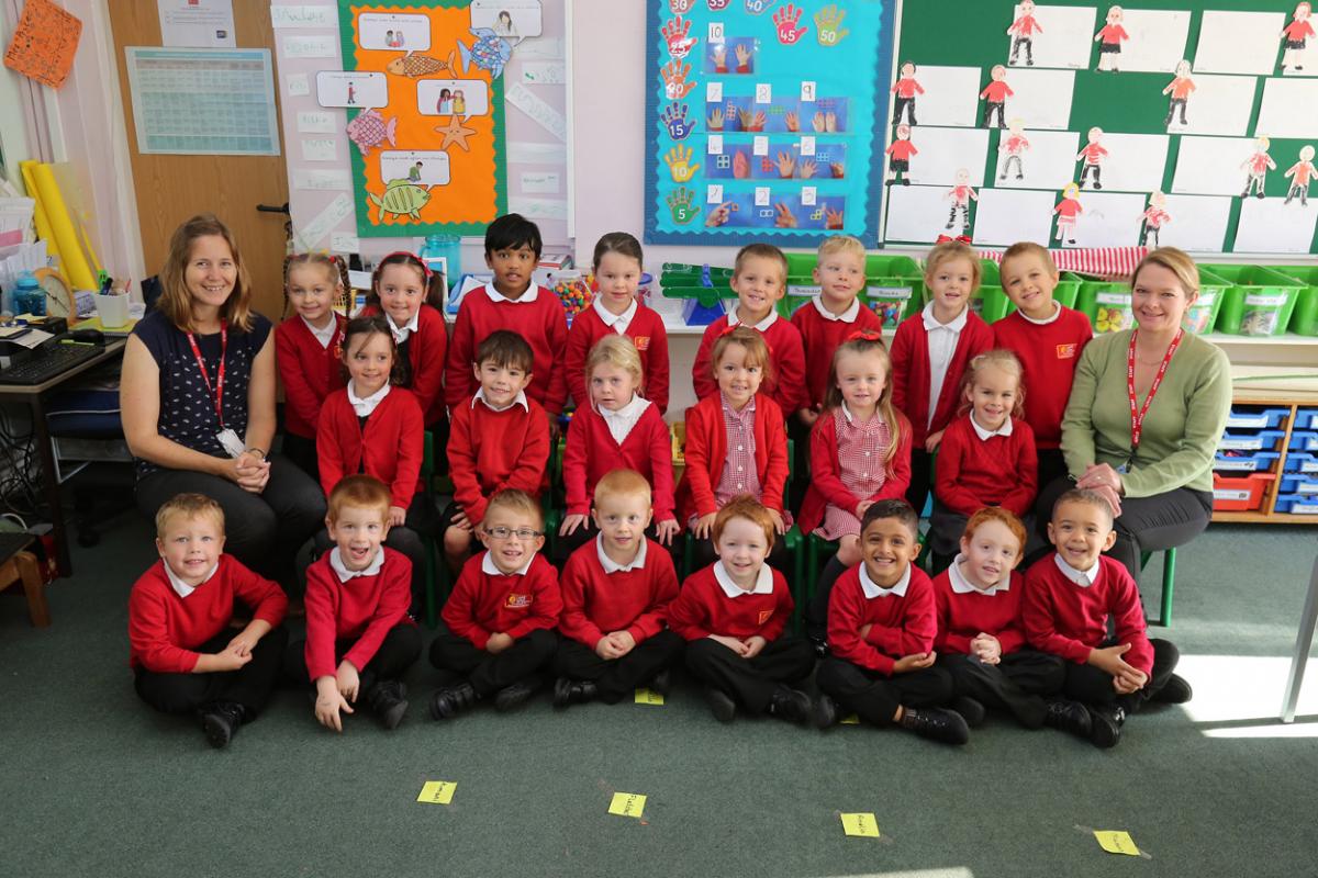 Reception children at Elm Academy in Kinson with teacher Elizabeth Price and TA Angela Stanners.