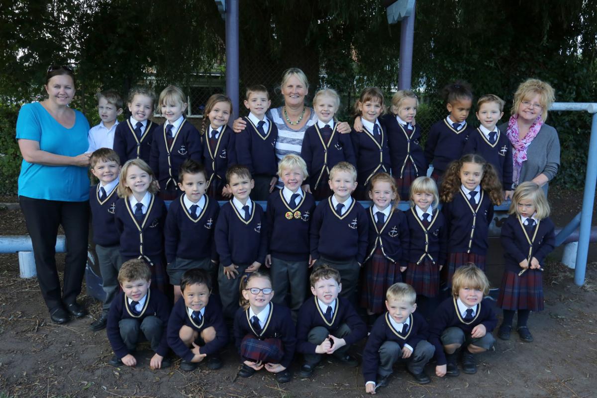 Reception children at The Priory C of E Primary School with teacher Jenny  Sibbald, centre, and TA's Tracey Boddey, left, and Karen Crabb.