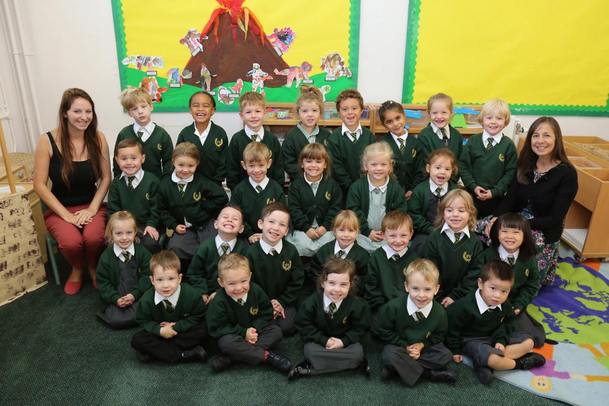 Reception children in Carle class at Hill View Primary School with teacher Emma Homer and TA Diane Hunt