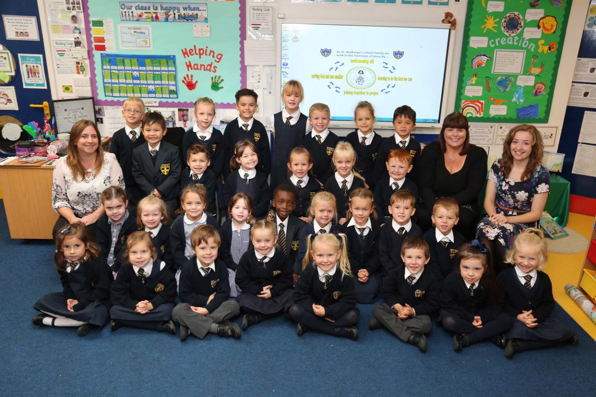 Reception children at St Walburga's Catholic Primary School with teacher Hannah Kassiri and TA's Louise Charles and Jessica Sidwick.