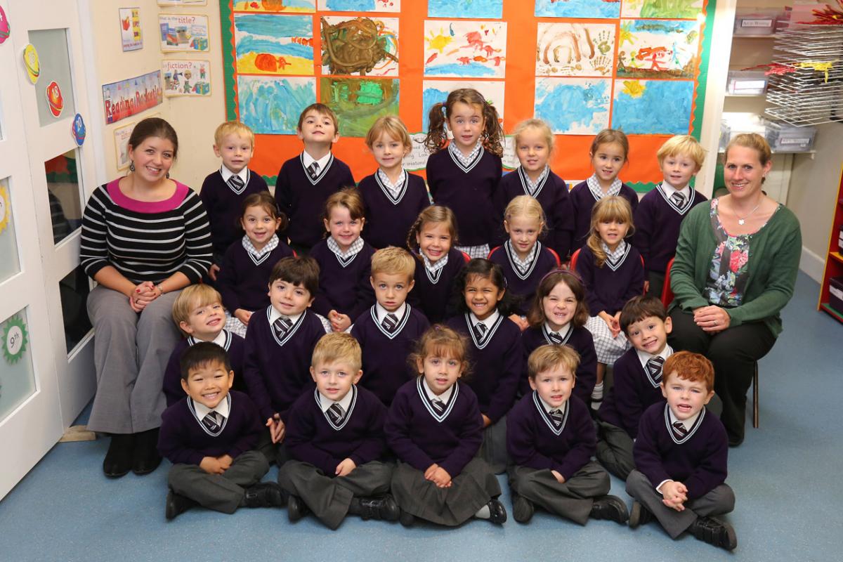 Reception children at Talbot House Preparatory School with teacher Sarah Collins and TA Georgina Bentley.