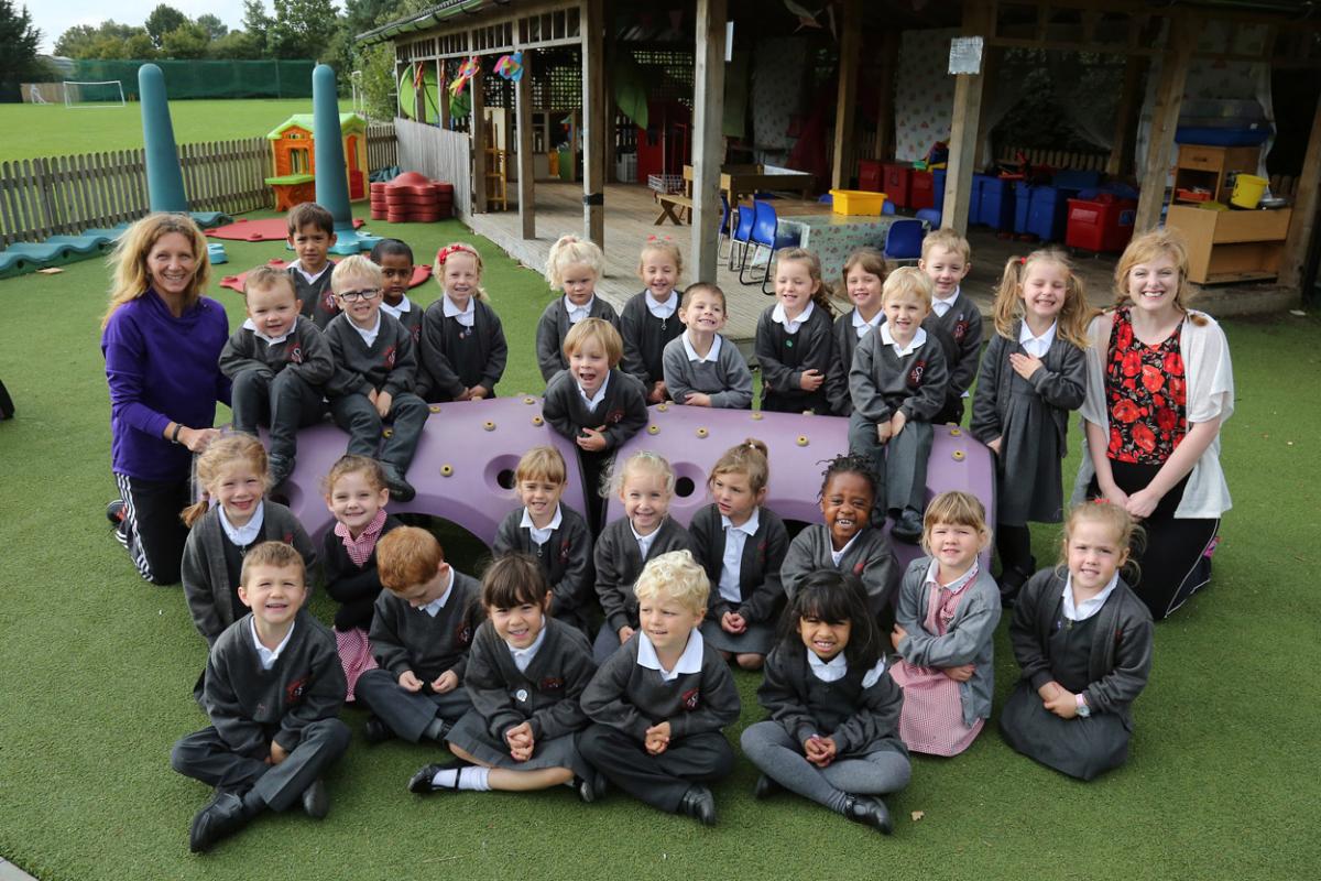Reception children at  Bishop Aldhelm's  C.E  V.A. Primary School with teacher Andrea Whines and TA Emily Gloster