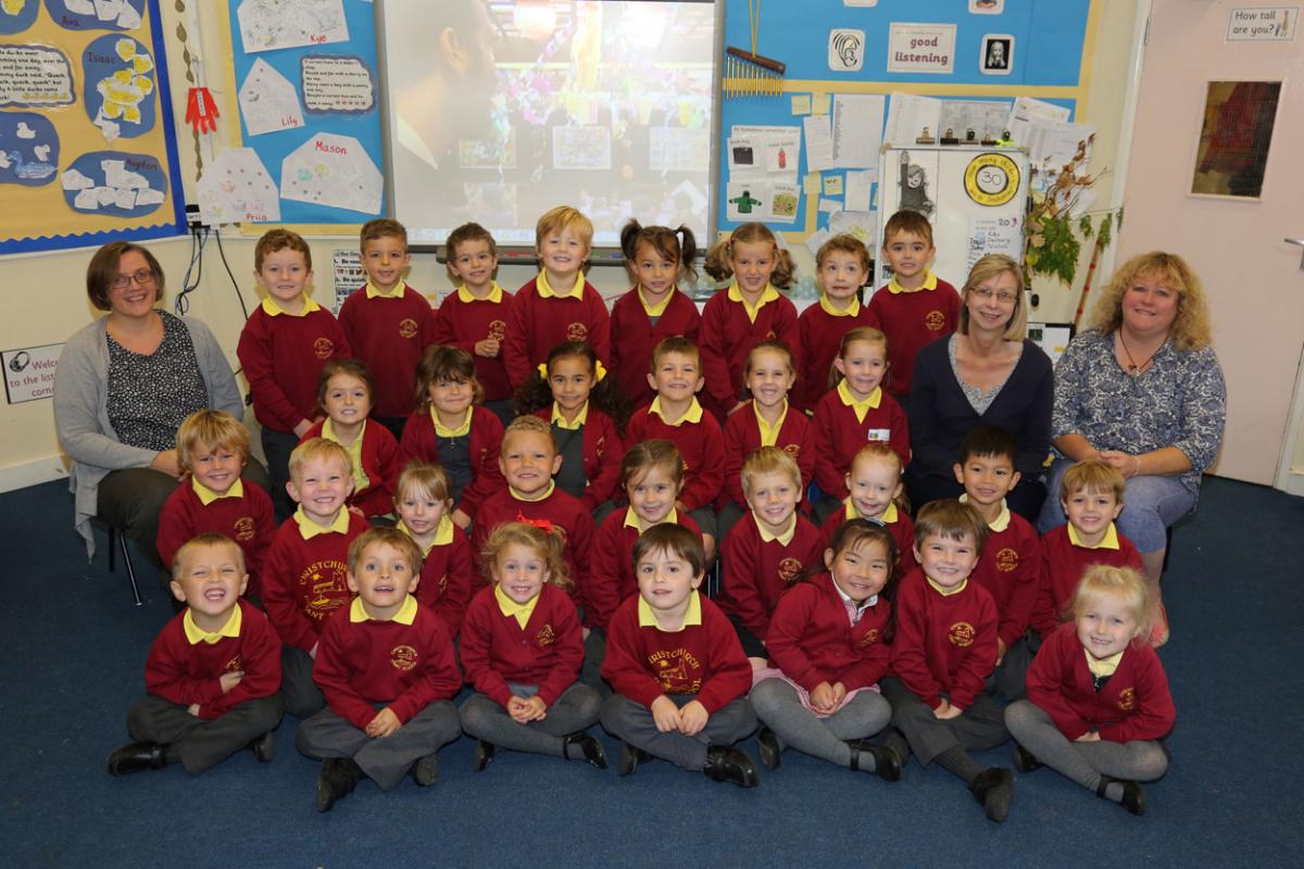 Reception children in Seahorses class at Christchurch Infant school with teacher Nicki Gibson and TA Sue Turner and SEN TA Sharon Gledhill.