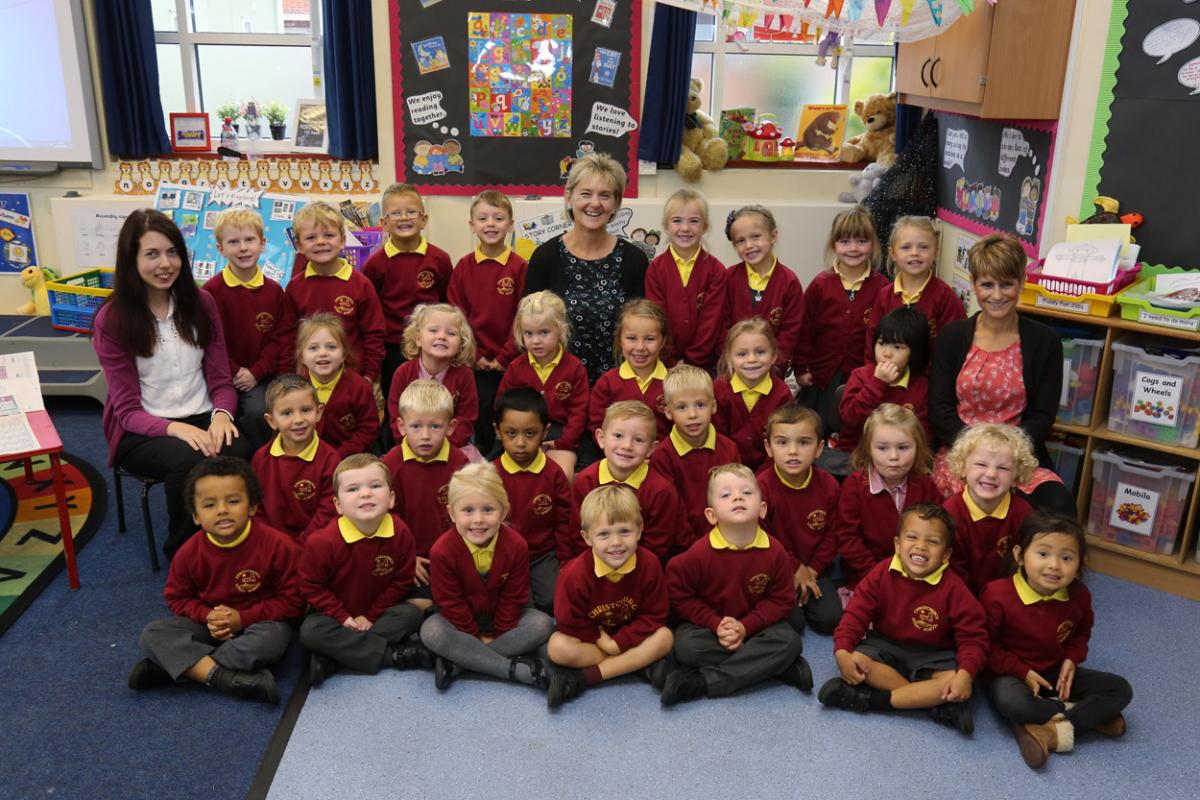 Reception children  in Turtles class at Christchurch Infant school with teacher Yvie Hall, centre, and TA's Sarah Bishop,left,  and Cathy Lines.