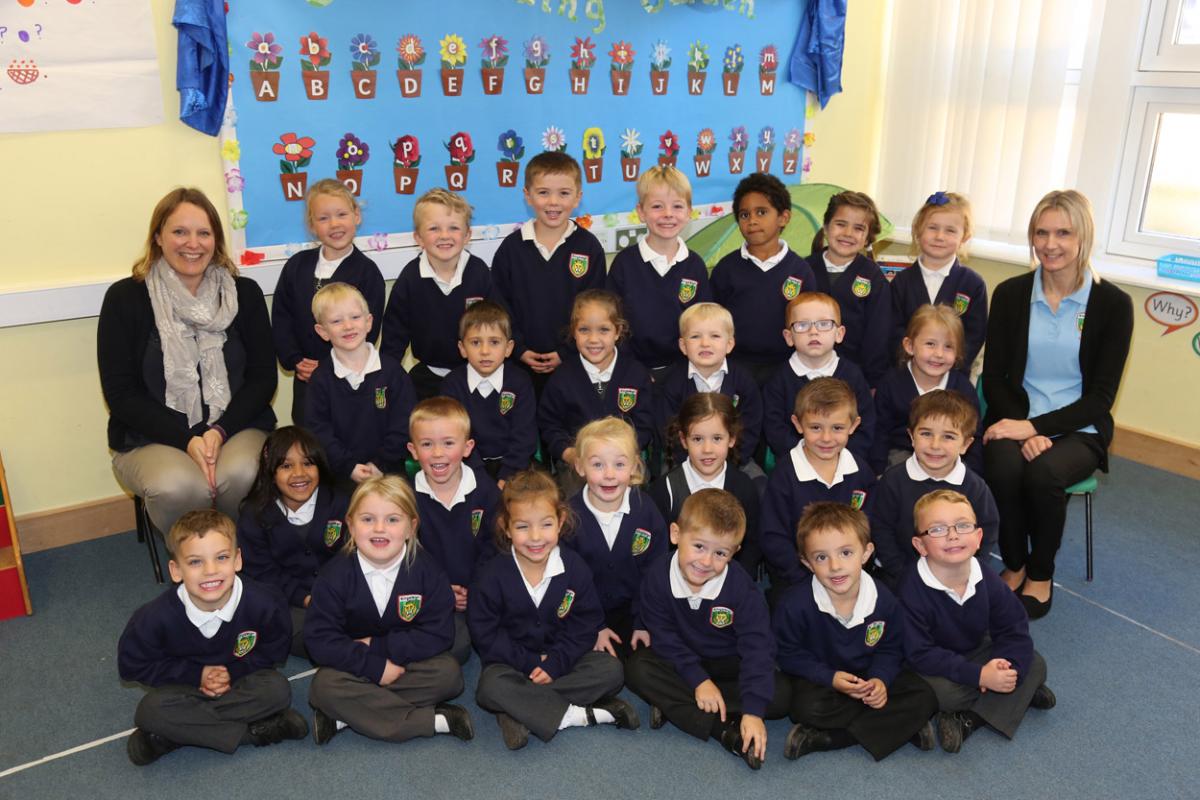 Reception children in Red Strawberries class at Kingsleigh Primary School with  teacher Jane Cartwright, right, and TA Donna Garland.