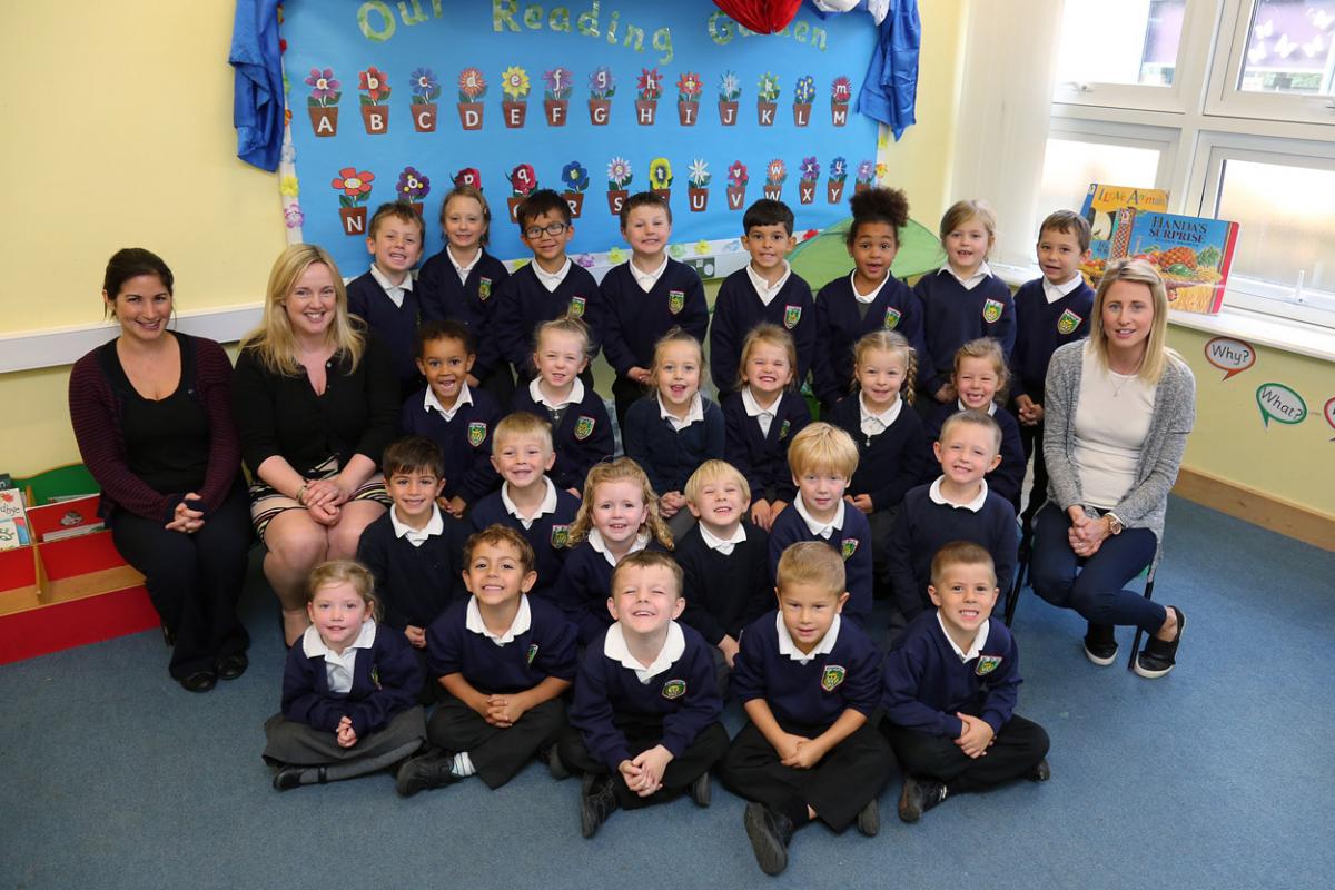 Reception children in Green Apples class at Kingsleigh Primary School with teachers Rachel Swann and Jill Wilkinson and TA Jodie Frankland.