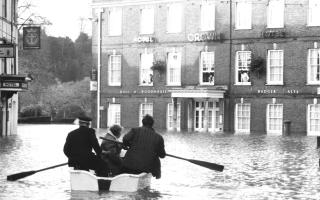 A flooded Blandford after the 1979 storms.