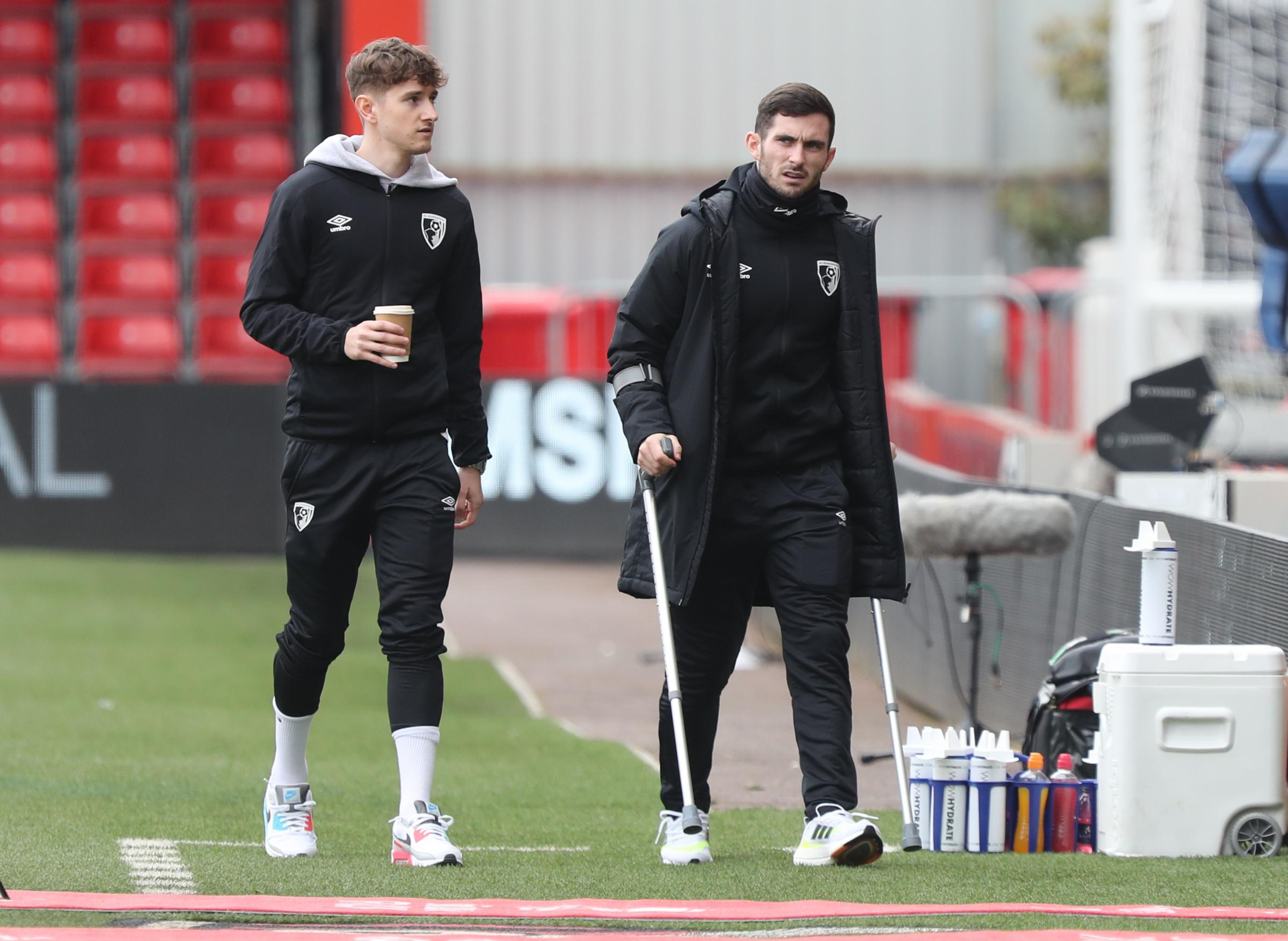 AFC Bournemouth v Southampton at Vitality Stadium in the quarter final of the FA Cup on 20th March 2021. Lewis Cook on crutches.