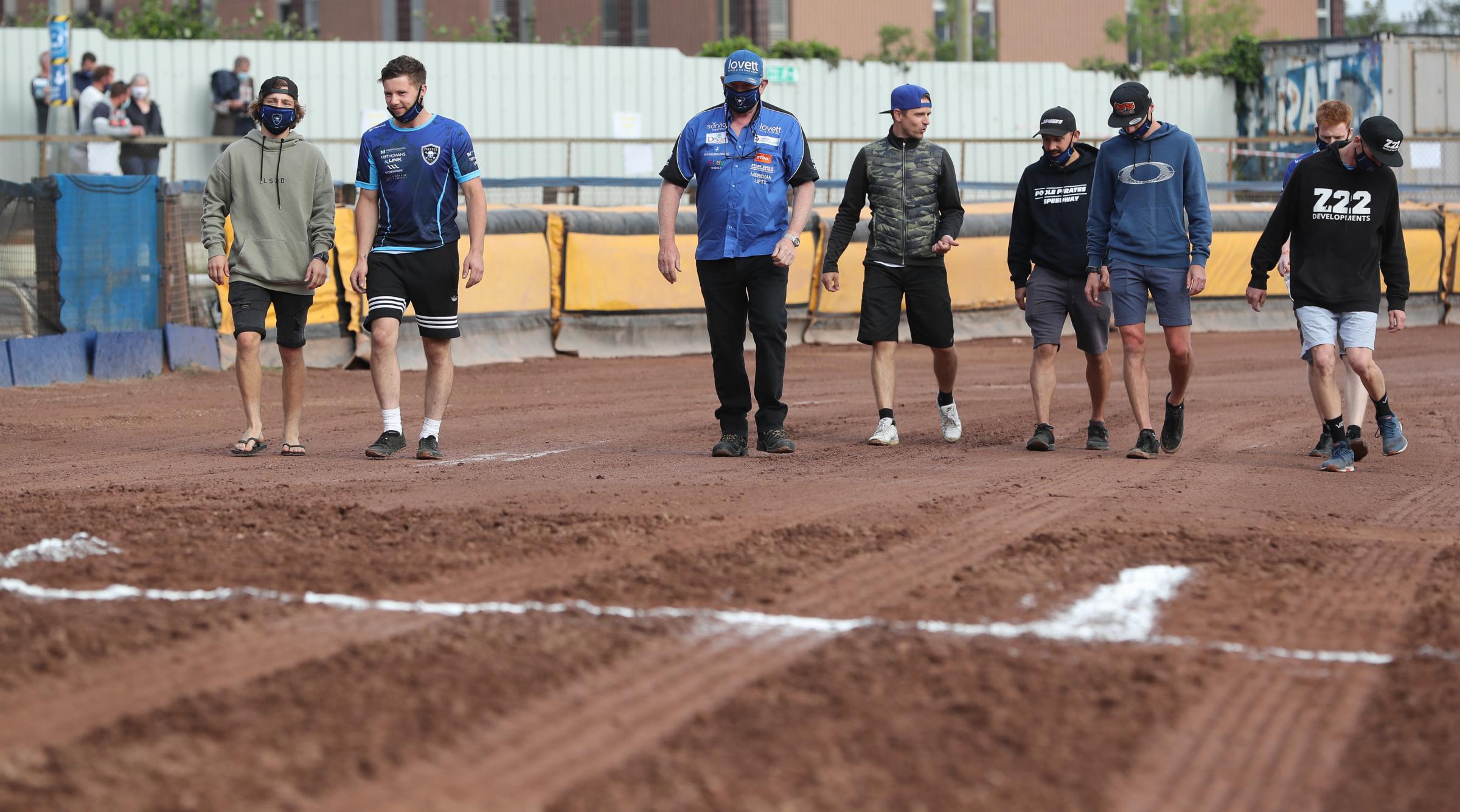 Poole Pirates speedway v Berwick Bandits. The first home meeting for the Pirates in the 2021 season. Neil Middleditch walk the track with the team..