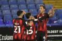 AFC Bournemouth's Dan Gosling (right) celebrates scoring his side's second goal of the game during the Sky Bet Championship match at St Andrew's Trillion Trophy Stadium, Birmingham. PA Photo. Picture date: Friday October 2, 2020. See PA story