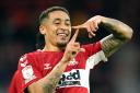 Middlesbrough's Marcus Tavernier celebrates scoring their side's first goal of the game during the Sky Bet Championship match at the Riverside Stadium, Middlesbrough. Picture date: Wednesday April 27, 2022.