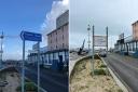 Before and after: The Sealife Tower sign has been removed and has been replaced by a sign for a development firm conducting harbour wall works